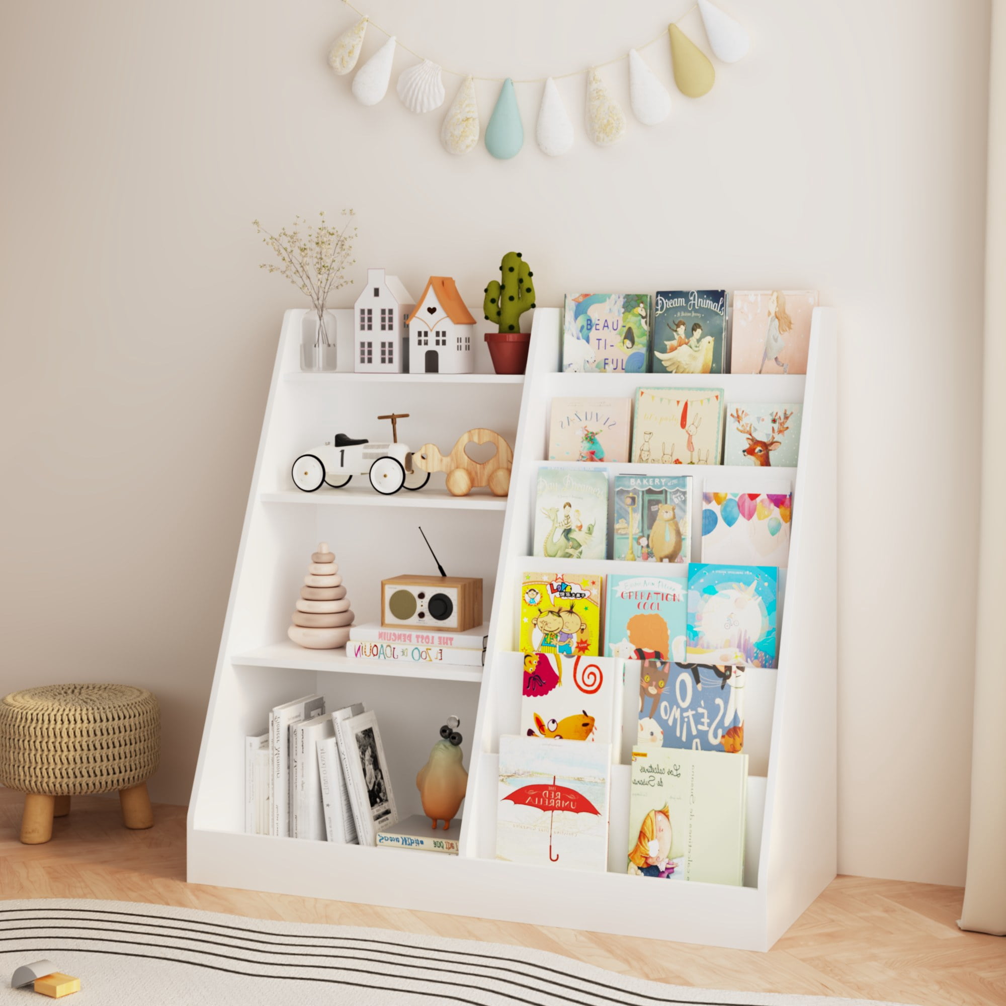 New Kids Bookshelf and Toy Storage Organizer, Multifunctional 4 Tier Wooden Kids Book Shelf with Bookcase Display Stand in Kids Room Playroom Nursery for Kids, Children, Toddlers