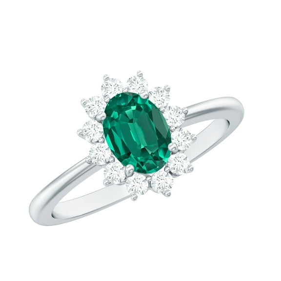 Rosec Jewels Certified Lab Grown Emerald Oval Engagement Ring (5X7mm, AAAA Grade) - Emerald Diamond Ring - with Jewelry Box, 925 Sterling Silver, US 4.00