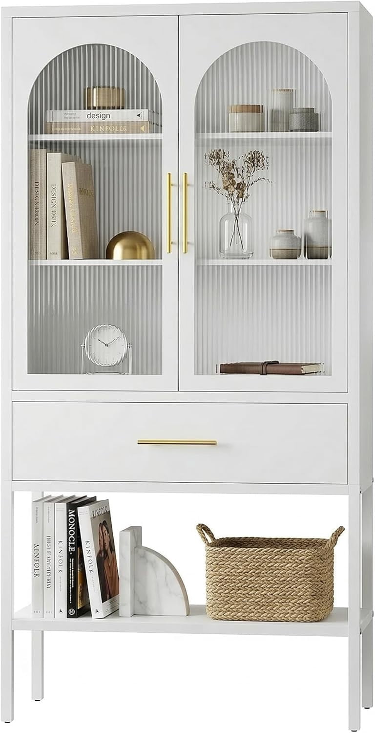 63" Tall Metal Storage Cabinet with Glass Doors, Kitchen Pantry Cabinet with Drawers & Adjustable Shelves, Freestanding Metal Cabinet for Kitchen, Dining Room and Home Organization White