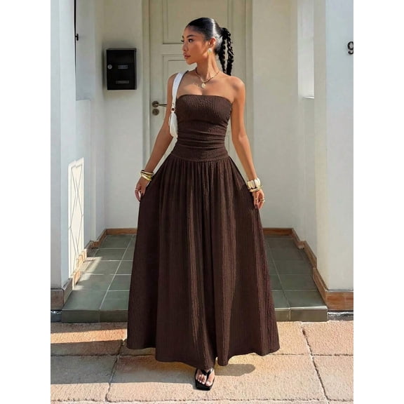 Brown Strapless Smocked Waist Maxi Dress With Pleated Skirt Elegant Formal Party Gown