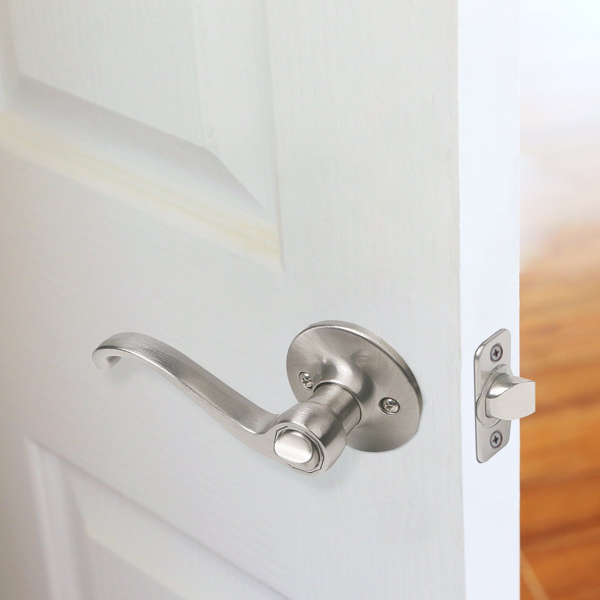 Design House Scroll Universal Privacy 2-Way Latch Interior Bed and Bath Door Lever, Satin Nickel