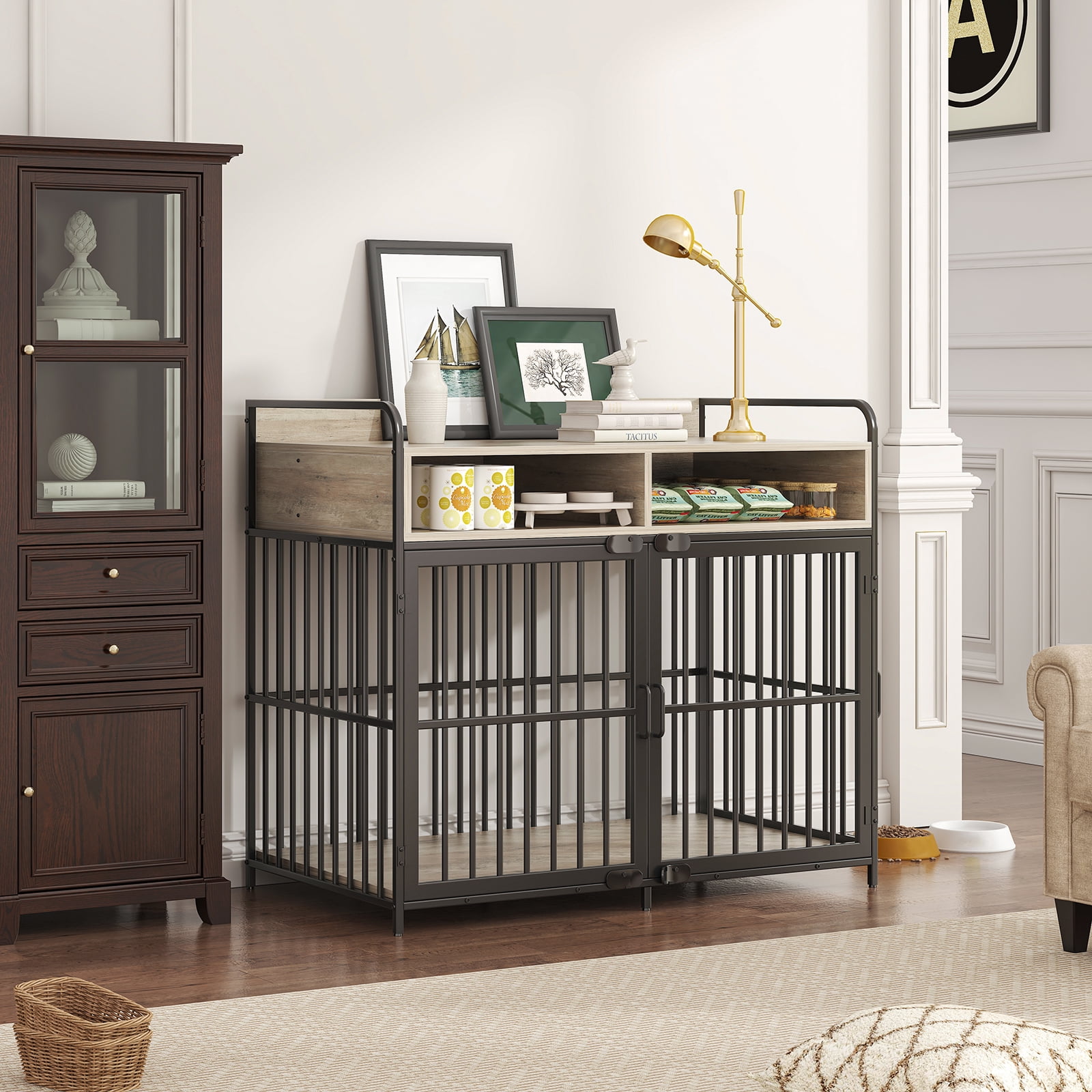 Large Furniture Dog Crate, Dog Kennel Indoor, Wood Dog Cage Table with Drawers Storage