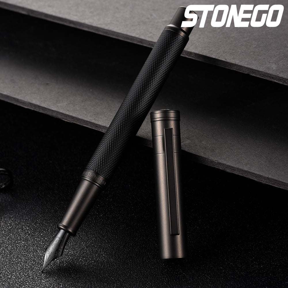 Matte black fountain pen with titanium extra fine nib - Classic design with metal barrel and non-slip rubber surface - Smooth writing experience, professional use and stylish office stationery