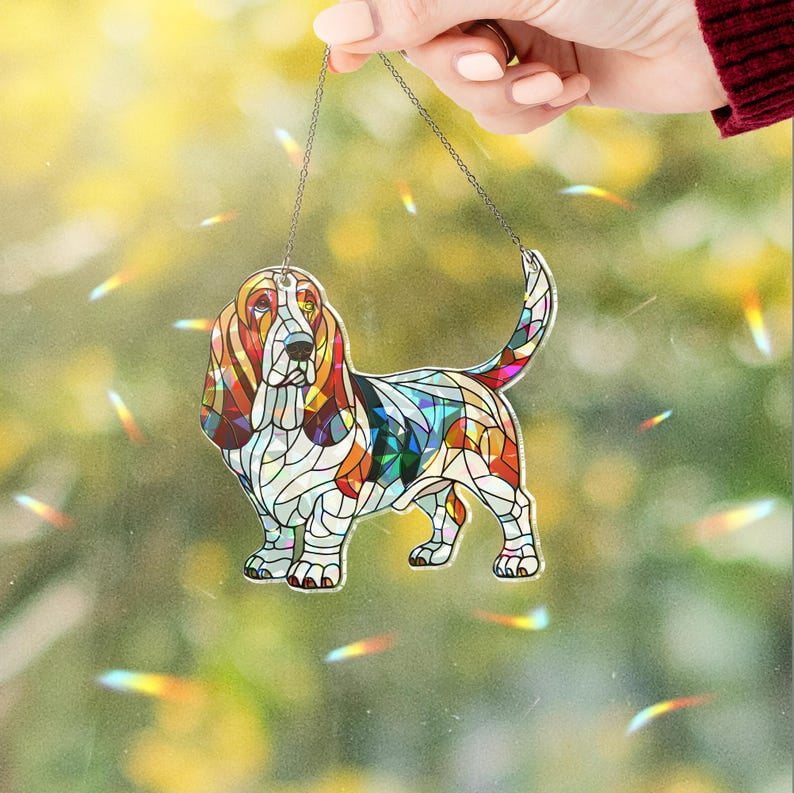 ViciArt Hologram Basset Hound Suncatcher – 6" Acrylic Dog Ornament, Colorful Window Decor, Dog Mom Gift