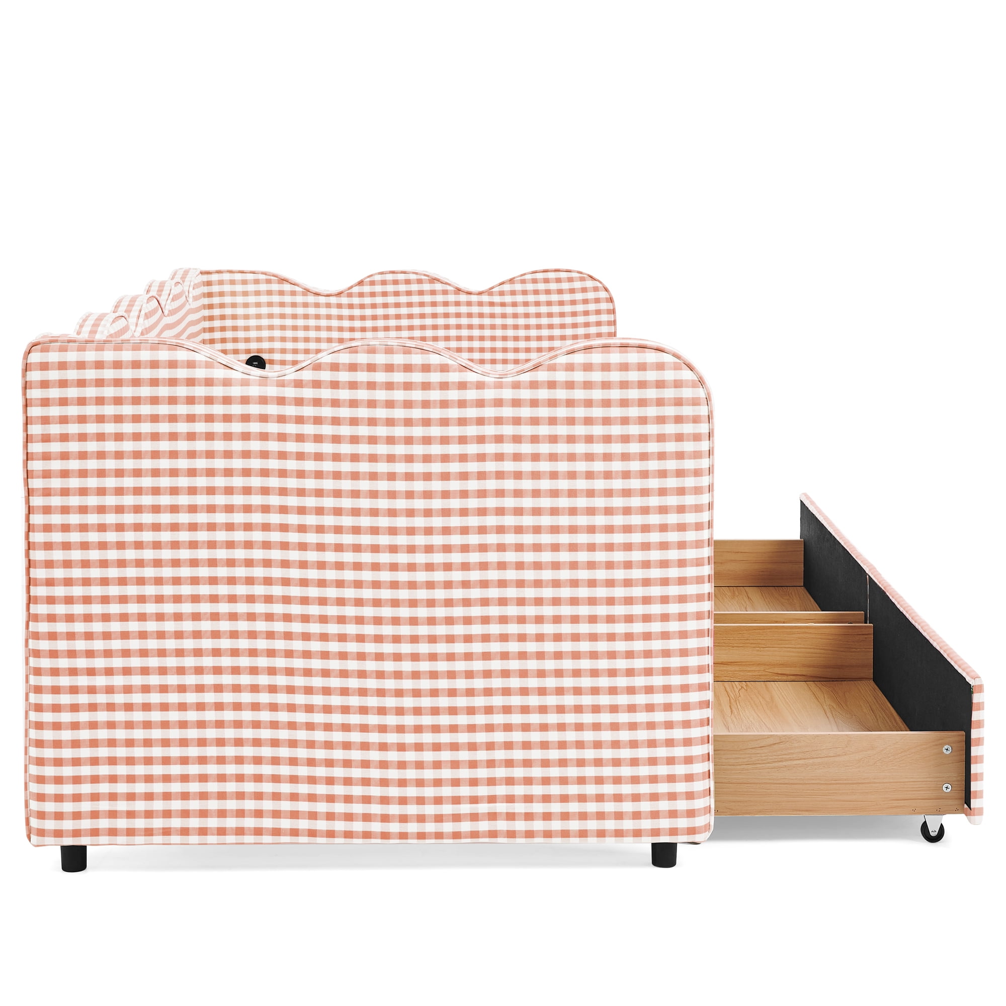 Twin Size Daybed with Storage Drawers and USB Port, Upholstered Linen Sofa Bed with Trundle Style Design, Kids Daybed Frame for Bedroom Living Room, Pink