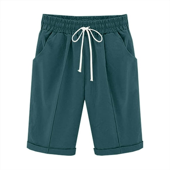 Tii.MM Womens Summer Bermuda Shorts Casual Beach Elastic Waist Drawstring Comfy Long Shorts Knee Length Cotton Linen Shorts with Pockets