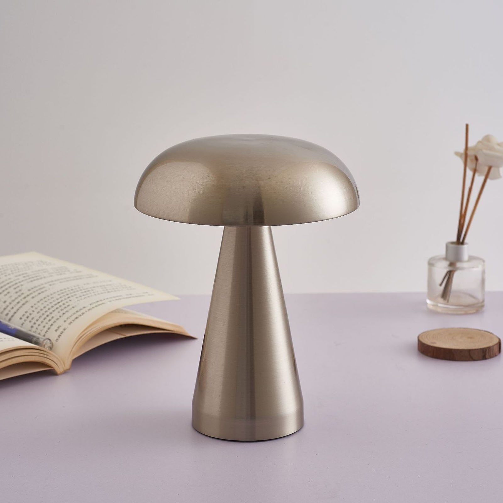 Yrmaups LED Table Lamp, USB Charging Night Light with 3-Level Stepless Dimming, Eye-Caring Mushroom Lamp for Bedside Desk and Hotel Bar, Metal Desk Lamp for Living Room Bedroom Office Decor