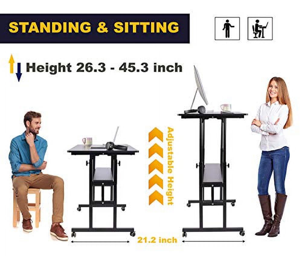 AIZ Mobile Standing Desk, Adjustable Computer Desk Rolling Laptop Cart on Wheels Home Office Computer Workstation, Portable Laptop Stand Tall Table for Standing or Sitting, Black, 39.4" x 23.6" - image 2 of 8