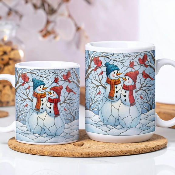 Lotusprinthandmade Snowman and Cardinal Christmas Couple White Ceramic Mug (11oz) (Made In US), snowman graphic holiday couple mug, christmas gift couple mug