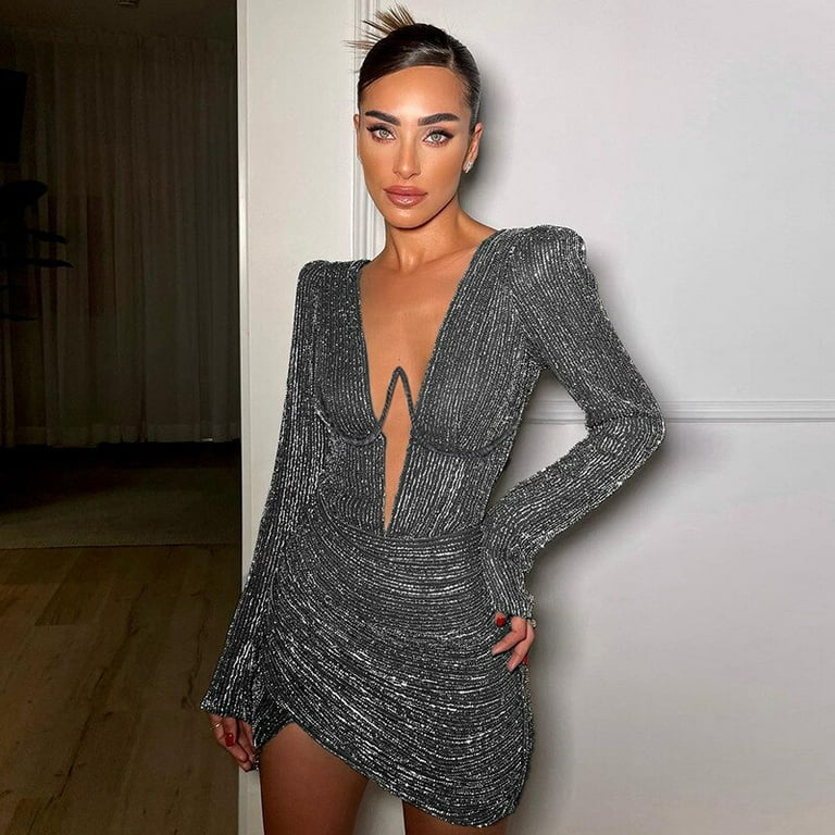 Long sleeve low cut dress sale