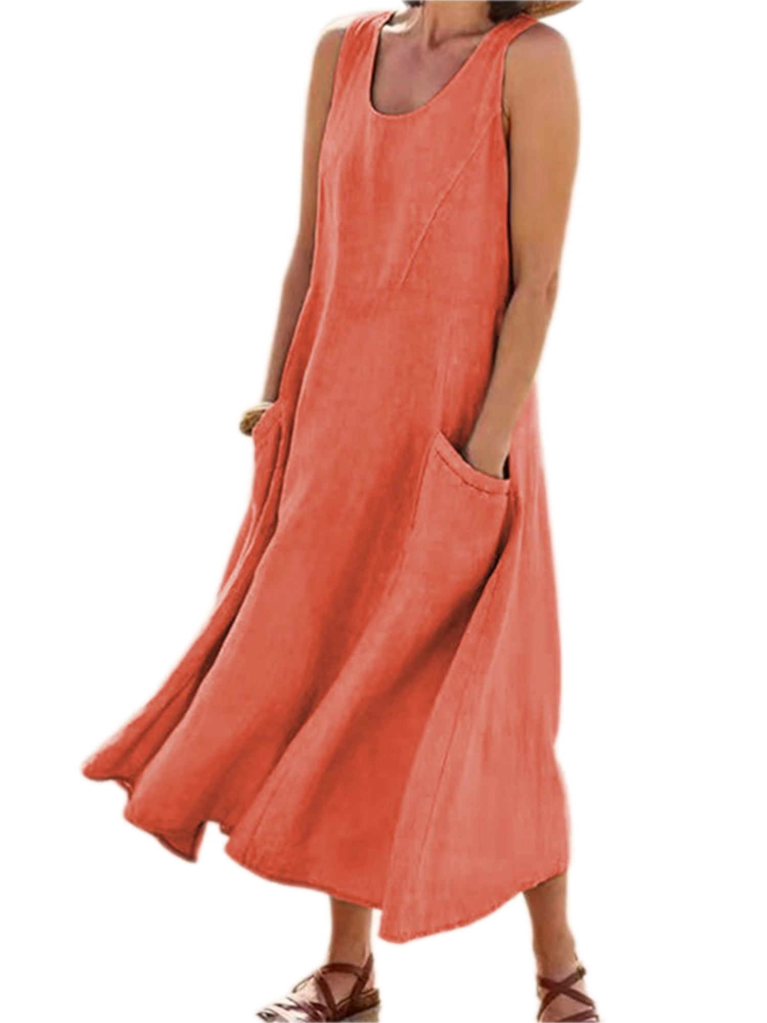 Avamo Linen Cotton House Dress Women Sleeveless Housecoat with Pockets