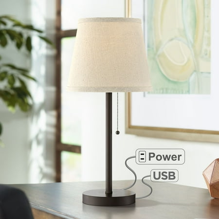 Lamps Modern Style 360 Lighting Modern Desk Table Lamp with Hotel Style USB and AC Power Outlet in Base Bronze Metal Oatmeal Drum Shade for Bedroom Office ()