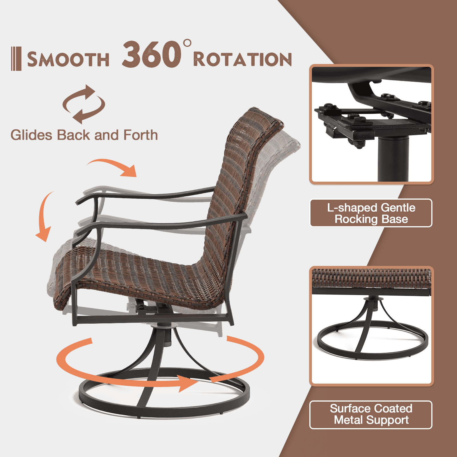 MELLCOM Patio Wicker Swivel Chair Set of 2, Heavy Duty Outdoor Dining Chairs with 23.5'' High Back, Extra-Large Water-Fall Seat, Rattan Porch Chair Gentle Rocker for Outside