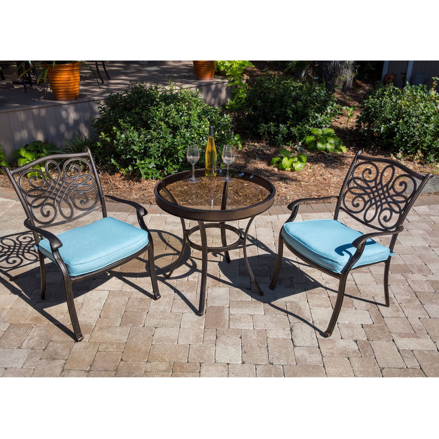 Hanover Traditions 3-Piece Bistro Set in Blue with 30 In. Glass-top Table