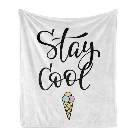 Stay Cool Soft Flannel Fleece Throw Blanket, Ice Cream Waffle Cornet with Hand Writing Stay Cool Text, Cozy Plush for Indoor and Outdoor Use, 60" x 80", Pale Grey Charcoal Grey, by Ambesonne