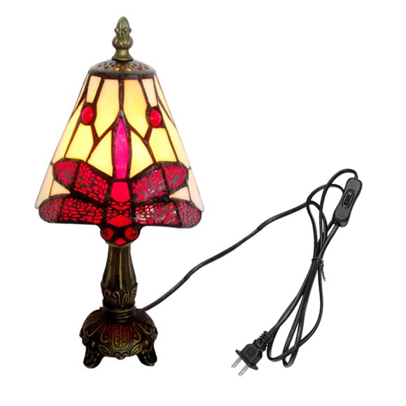 FSLiving Tiffany Style Table Lamp with 5.9ft Plug in Cord Red Dragonfly Glass LampShade Vintage Style Desk Light E12 Antique Table Light Decorative for Living-Dining Area Fireplace Accent Bookcase