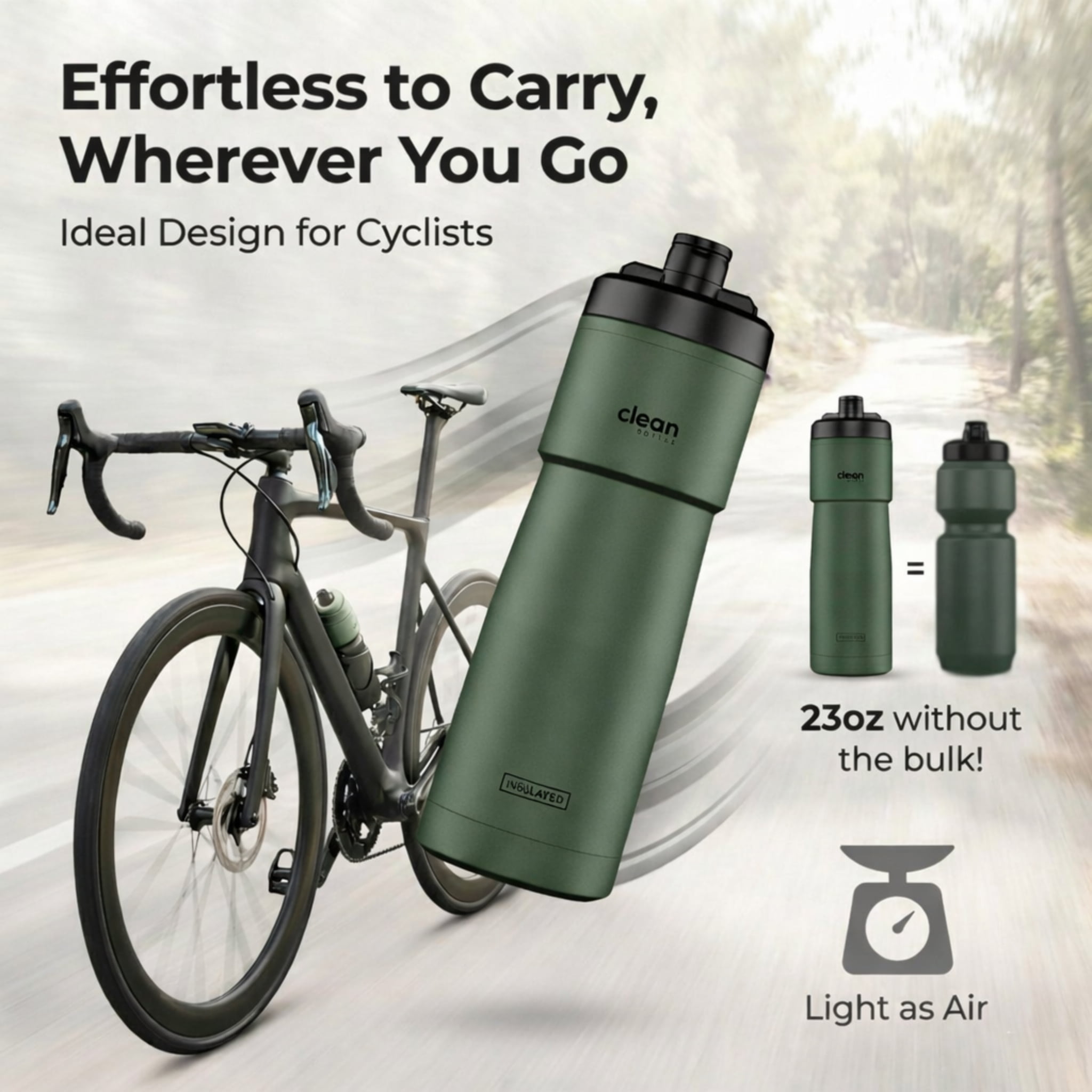 Clean Bottle 23 oz Sport Insulated Bike Water Bottle with Easy-Squeeze Nozzle Matte Green