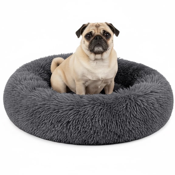 PetAmi Calming Dog Bed for Small Medium Dog Cat, Round Donut Dog Bed Washable, Fluffy Faux Fur Plush Cuddler Pet Kitten Cushion Bed, Anti-Slip, Fits up to 25 lbs, 23 inch, Dark Gray