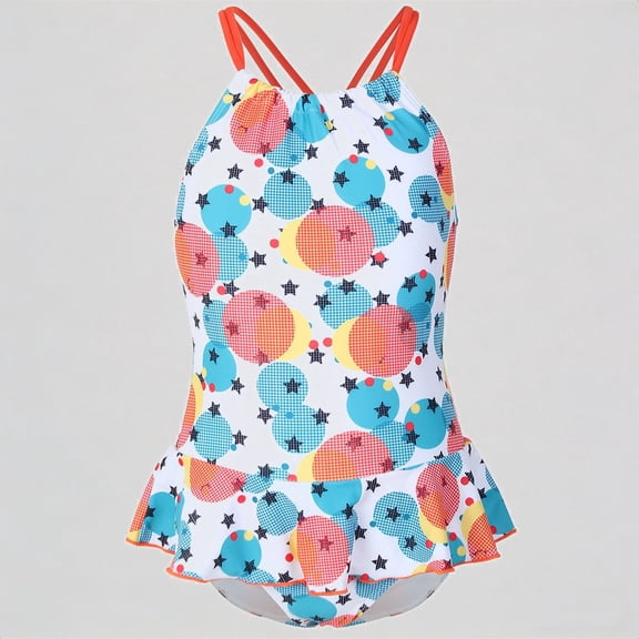 REDARER Girls One-Piece Swimsuit: Star Print, Cross-Back Straps, Ruffled Hem – Summer Beach Bathing Swimwear,7-8 Years