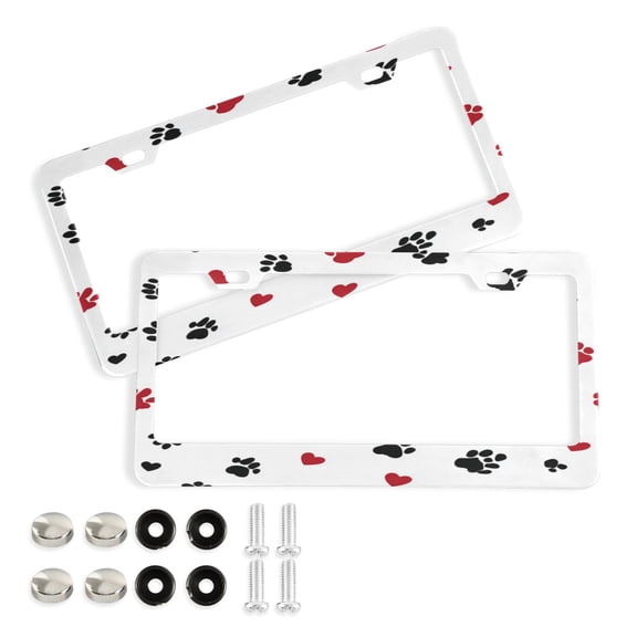 Aluminum License Plate Frame 2 Pack Car Exterior Accessory Car Tag Holder for Front Rear Plates Cars Decor Black Paws and Hearts Pattern