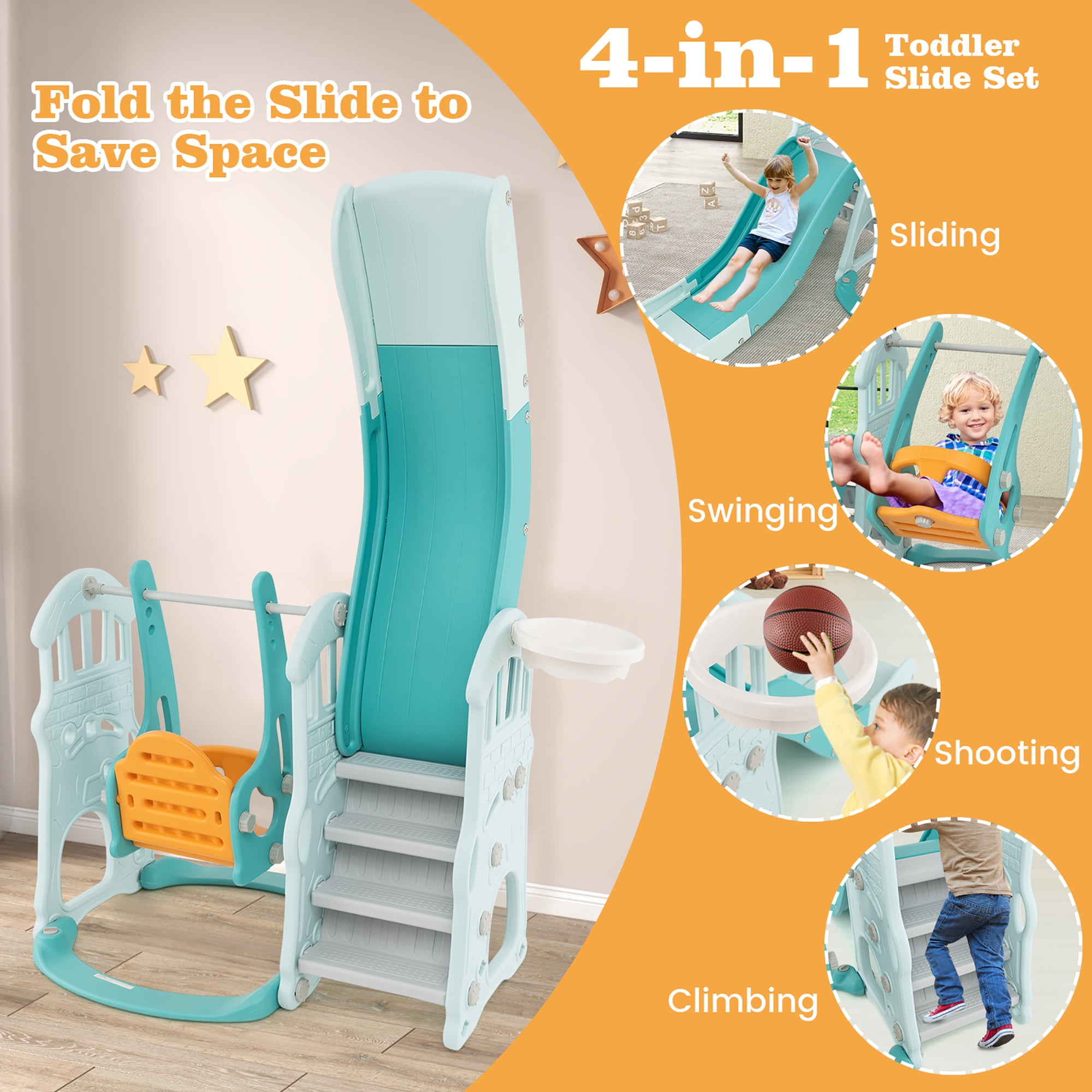 Gymax Toddler Slide and Swing Set 4-in-1 Indoor Playground w/ Extra-long Slide