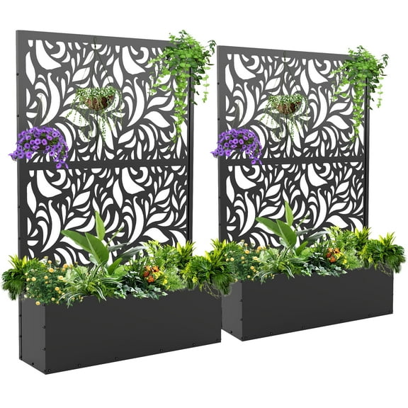 FOOWIN 71" H Metal Planter with Trellis Set of 2, Outdoor Raised Garden Bed for Climbing Plants, Trellis Planter Box with Drainage Hole, Black