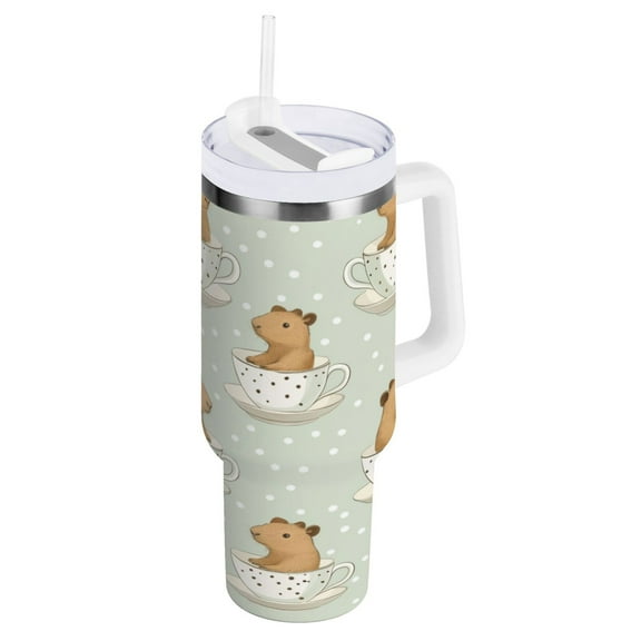 Stainless Steel Tumbler with Straw and Handle, Double Wall Insulated Tumblers, Cute Capybara in Coffee Cups