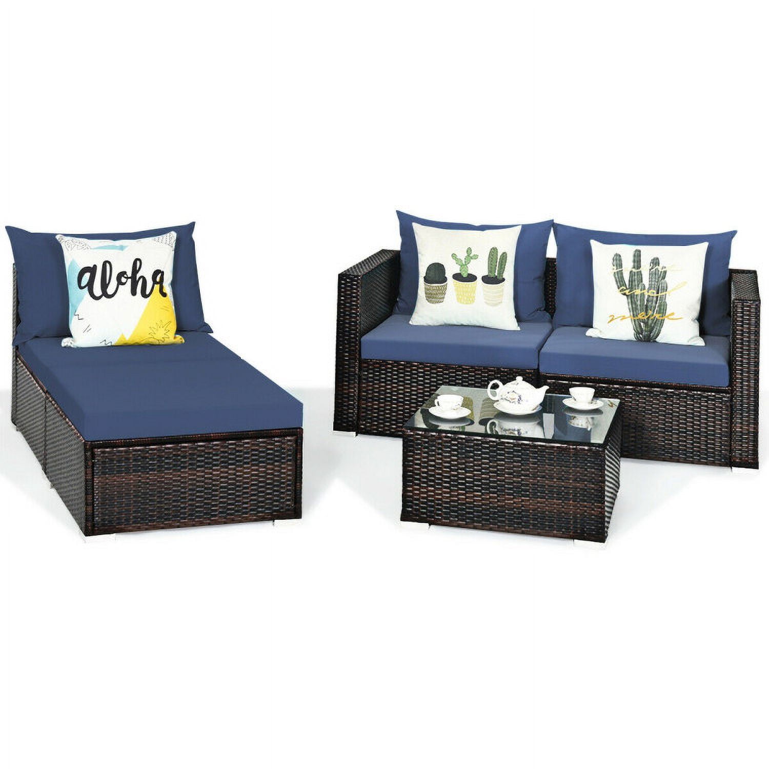 Aimee Lii 5 Pieces Patio Rattan Sectional Furniture Set with Cushions and Coffee Table, Outdoor Deck Furniture, Navy Aimee Lii 5 Pieces Patio Rattan Sectional Furniture Set with Cushions and Coffee Table, Outdoor Deck Furniture, Navy