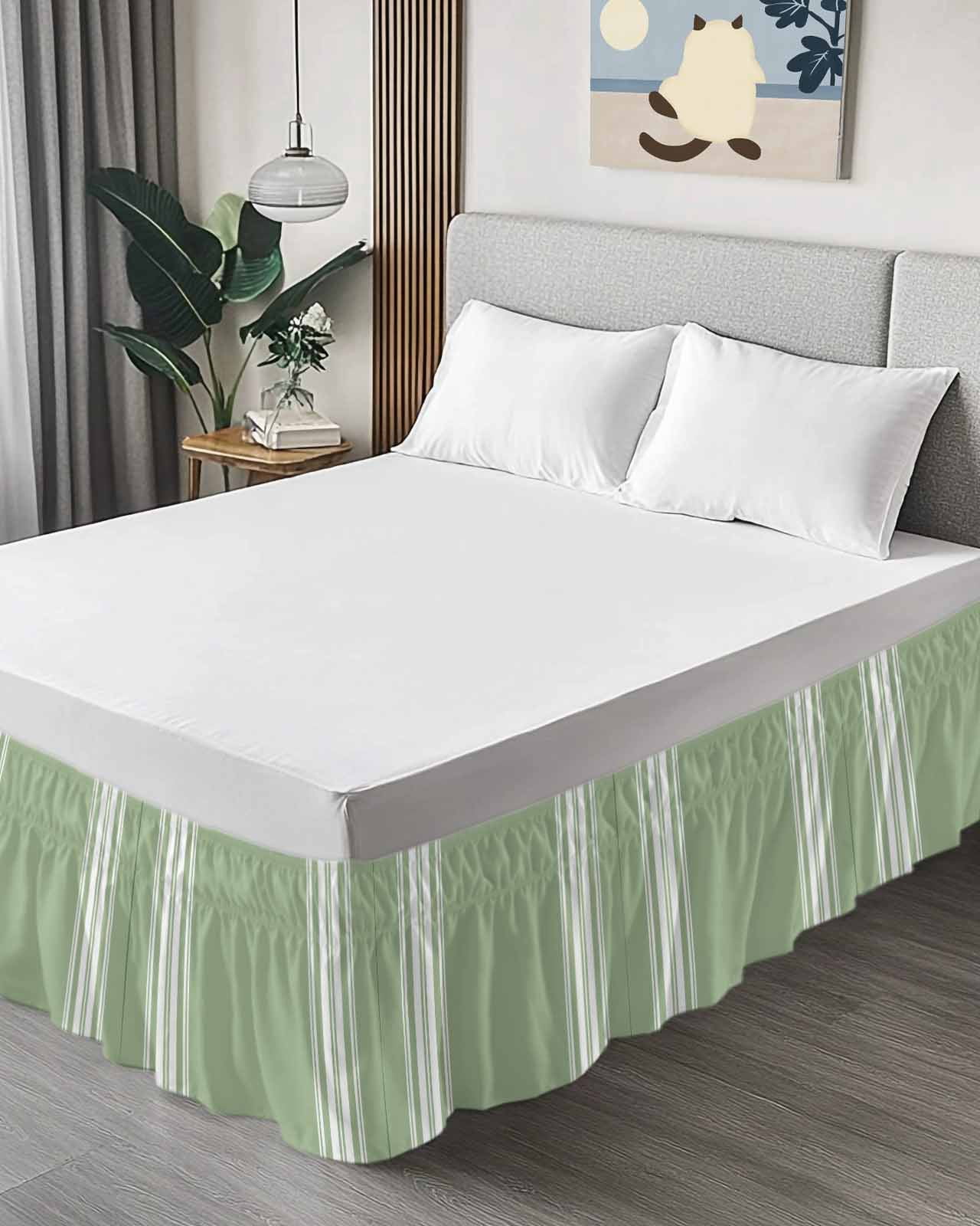Sage Green Bed Skirt King Size 18" Drop White Striped Ruffled Wrap Around Bed Skirts Adjustable Elastic Bedskirt Dust Ruffle for King Size Bed