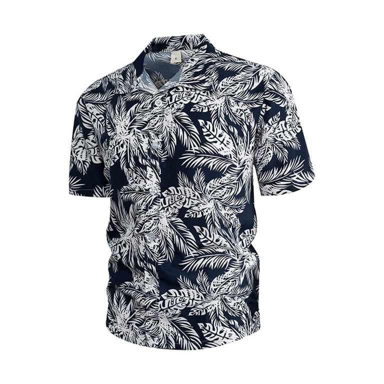 Miluxas Men's Hawaiian Print Lapel Short Sleeve Shirt Clearance Blue 12(XXL)