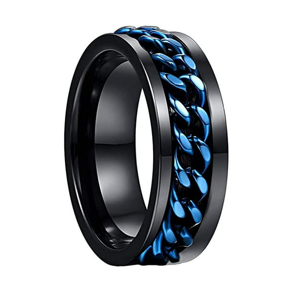 NUNCAD Men's Tungsten Carbide Wedding Ring 8mm Black with Blue Rotatable Chain Inlaid