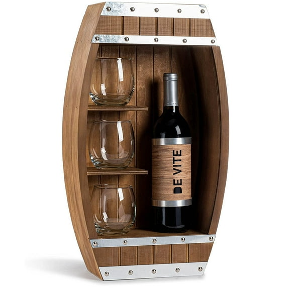 Sprightly Wooden Wine Barrel Display Case with Sliding Cover, Wine & Glasses Rack, Rustic Home Decor