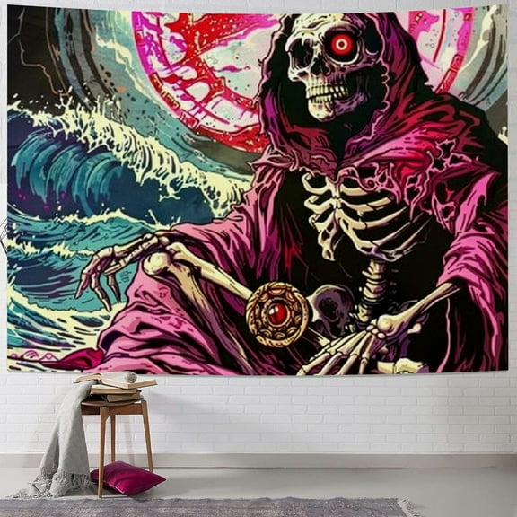 Creowell  Wizard Skull Tapestry Japanese Ocean Wave Tapestries Trippy Eye Tapestry Gothic Skeleton Tapestry Psychedelic Funny Anime Wall Tapestry for Bedroom 40x30inch