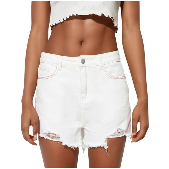 Taqqpue Jean Shorts for Womens Mid Waisted Stretchy Denim Shorts Casual Summer Ripped Frayed Distressed Hot Short Jeans Raw Hem Junior Shorts Jeans with Pockets