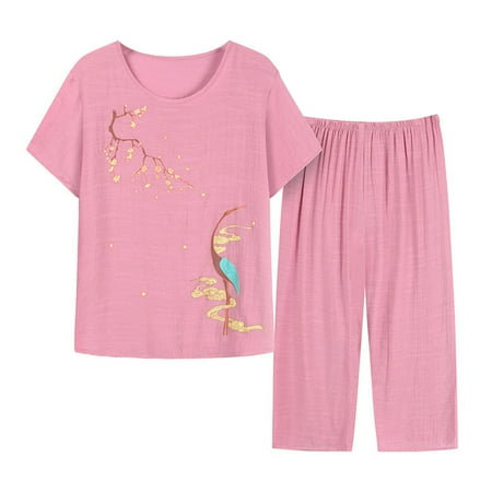 

Pajama Set for Women Soft Cotton Buttons down Short Sleeve Shirts Wide Leg Pants Matching Sets Summer Casual Linen Sets (XX-Large Pink9)