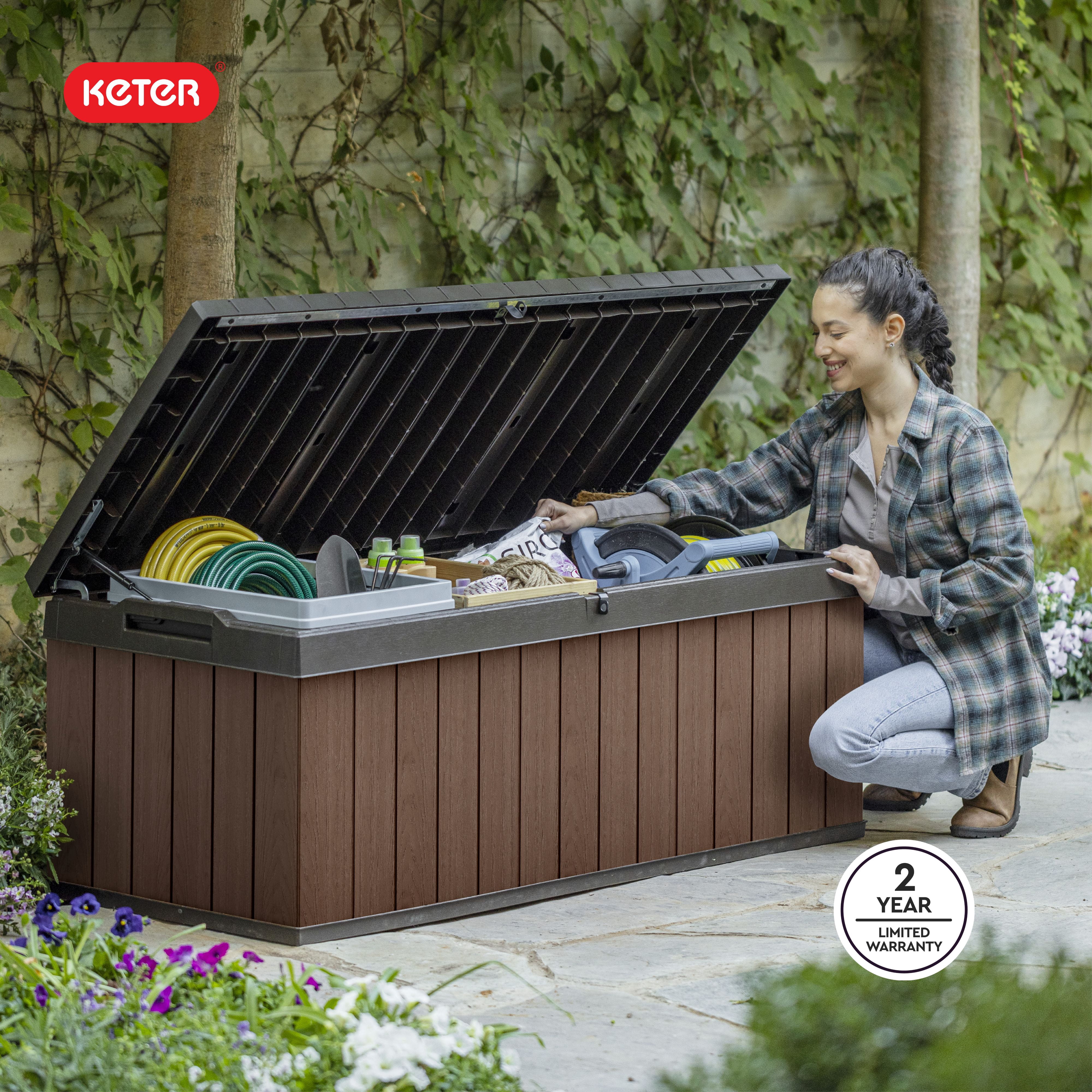 Keter Darwin 100 Gallon Resin Large Deck Box - Organization and Storage for Patio Furniture, Outdoor Cushions, Garden Tools and Pool Toys, Brown