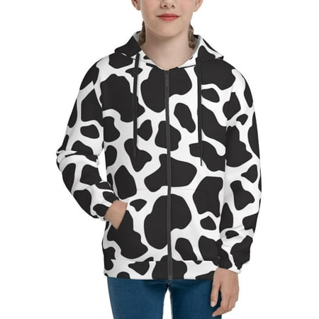 

Hoodies for Women Black White Cow Print pattern Long Sleeve Sweatshirt Drawstring Zip Up Hoodie with Pockets Teen Girl Clothes