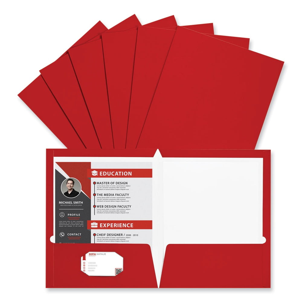 11 in. x 8-1/2 in. Cardboard Paper, Laminated Two-Pocket Folder - Red (25/Pack)