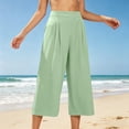 thumbnail image 6 of Womens Cropped Pants High Waisted Wide Leg Pleated Culottes Lightweight Casual Summer Trousers with Pockets for Travel Vacation,Green,XXL, 6 of 7
