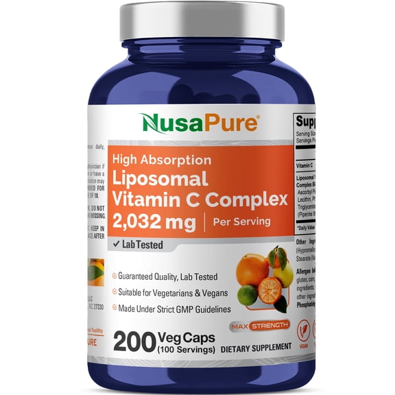 NusaPure Liposomal Vitamin C 2032mg - 200 Veggie Capsules with BioPerine, Dietary Supplement for Unisex Adult Health & Wellness