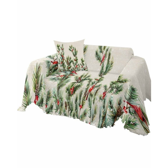 Christmas Sofa Couch Covers for Dogs, Washable Sofa Throw Cover Single Slipcovers for Armchair with Tassels, Xmas Botanical Pine Needle Berry Rustic Couch Protector Towel Blanket M 71''x91''