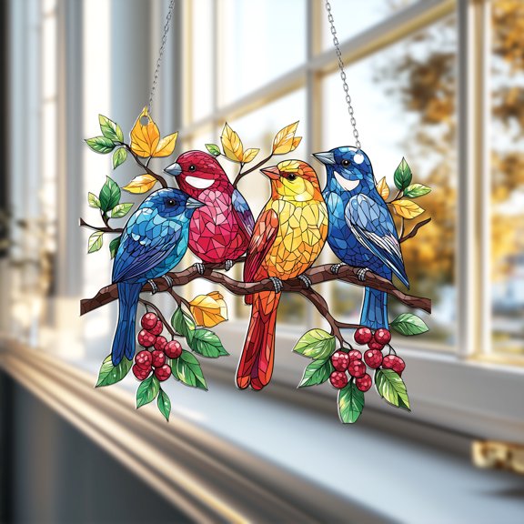 Colorful Birds Suncatcher - Vibrant Window Hanging Ornament with Four Birds on a Branch for Home & Garden Décor, Handmade