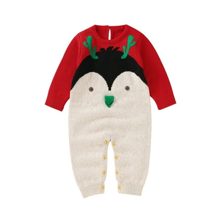 

Peyakidsaa Little Baby Girls Boys Christmas Jumpsuit Long Sleeve O Neck Cartoon Elk Print Knitted Romper