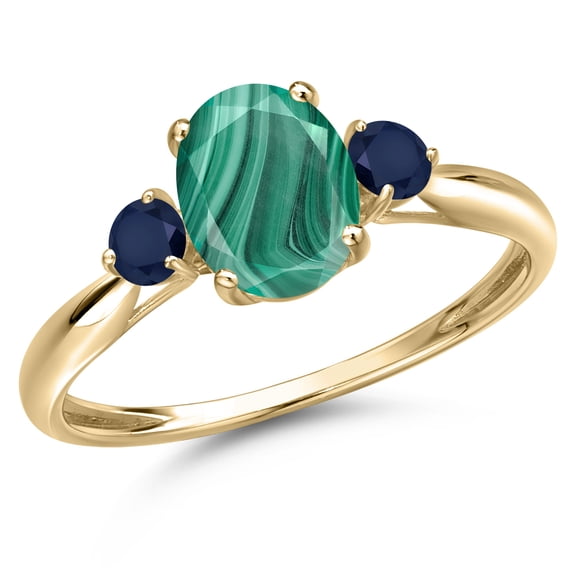 Gem Stone King 10K Yellow Gold Green Malachite and Blue Sapphire 3-Stone Ring for Women | 2.30 Cttw | Oval 8X6MM | Gemstone Birthstone | Size 8