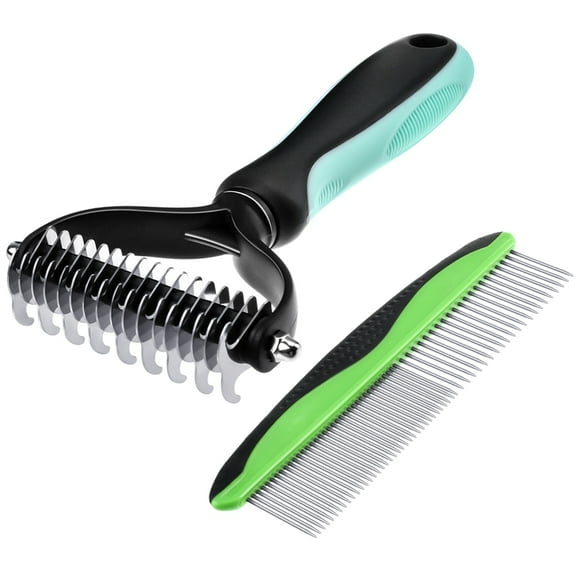 Qweryboo 2 Pcs Pet Grooming Brush, Undercoat Rake for Dogs and Cats, Double-Sided Dog Deshedding Tool Removes Knot, Tangled Hair Dematting Comb for Dogs, with Pet Steel Comb