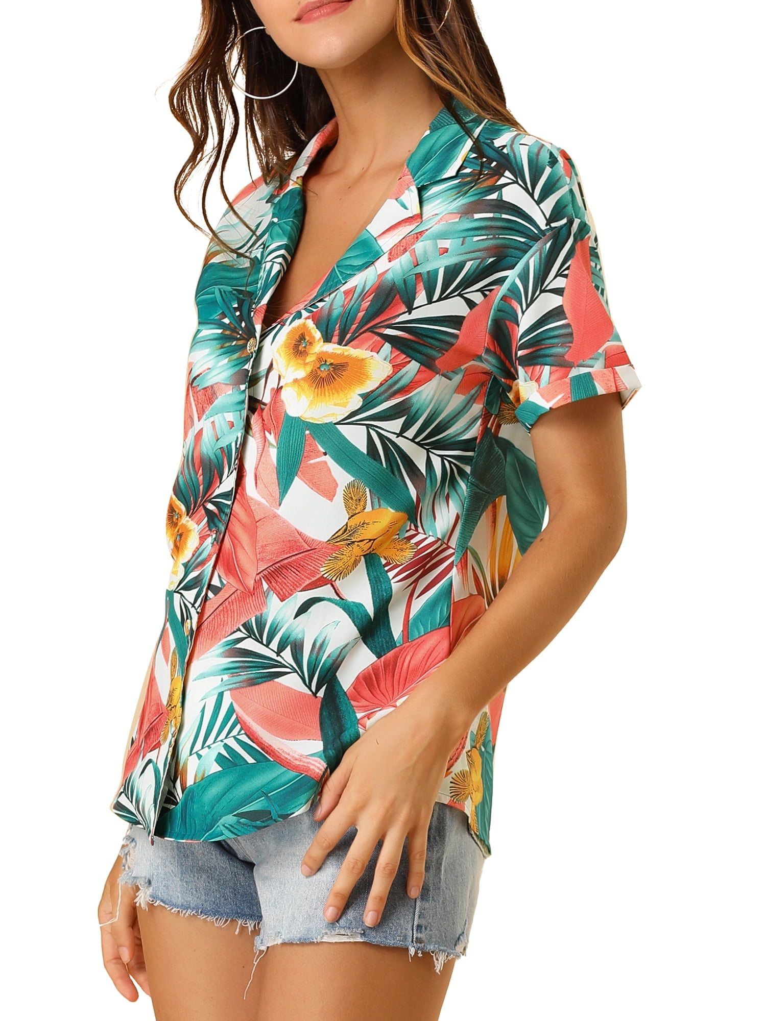 DARING DIVA Floral Leaves Print Short Sleeve Beach Top L White