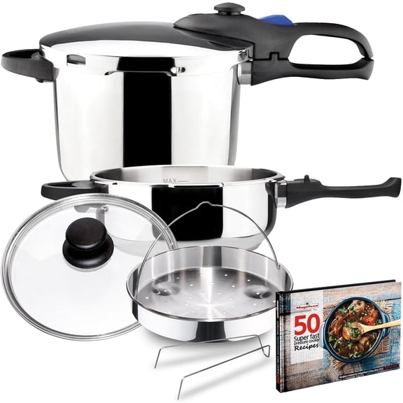 Magefesa Favorit Pressure Cooker Set, 3.2  & 6.3 Qt, Stainless Steel, Induction Compatible, 5 Safety Systems