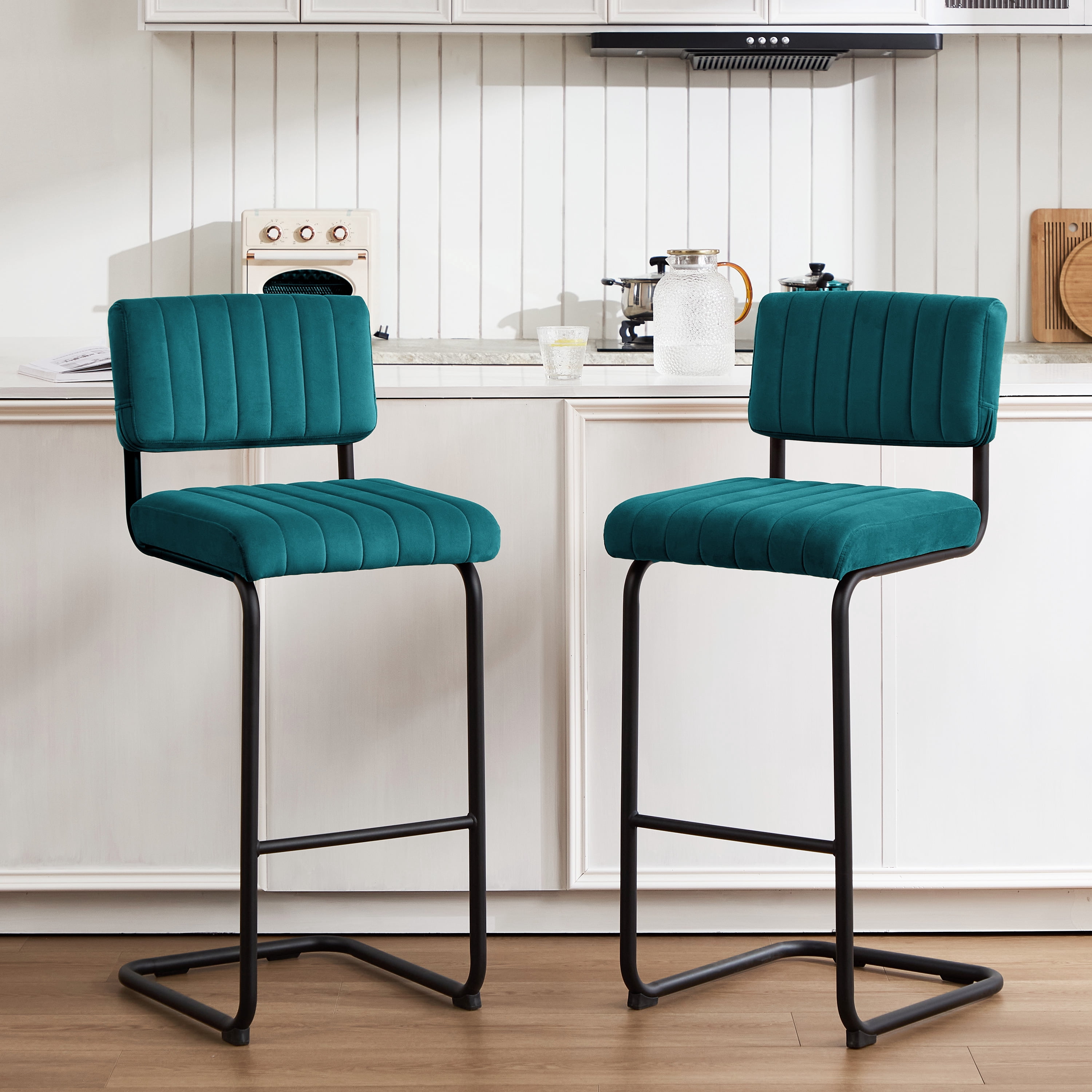 ONEVOG 30''H Bar Height Stools Set of 2, Morden Barstools with Velvet and Black Metal Legs, Upholstered Bar Stool for Kitchen Island, Teal