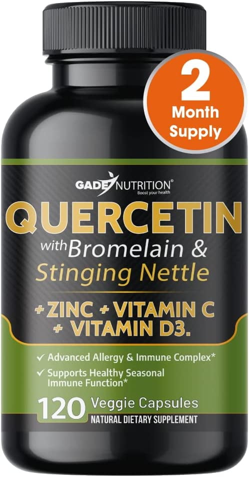 Quercetin with Vitamin C and Zinc - Nettle Quercetin - Quercetin 500mg - Quercetin with Bromelain - Zinc Quercetin + Vitamin D3 - 120 Veggie Caps - (Non-GMO, Gluten-Free, Vegan) - 2 Month Supply