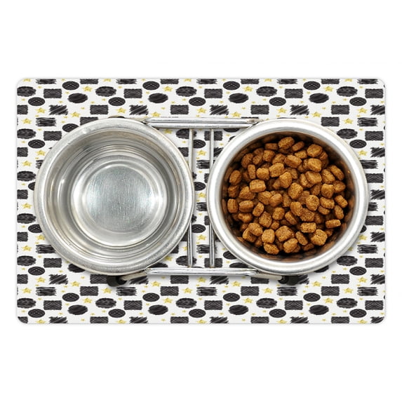 Black and Yellow Pet Mat for Food and Water, Scribble Art Theme with Circles Squares and Stars Geometric Doodle, Non-Slip Rubber Mat for Dogs and Cats, 18" X 12", by Ambesonne